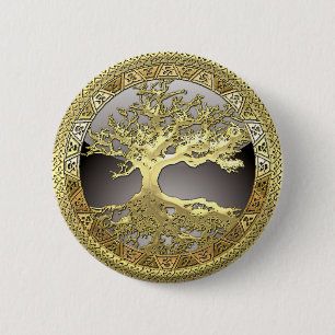 [91] Golden Celtic Tree of Life [3D] Ronde Button 5,7 Cm