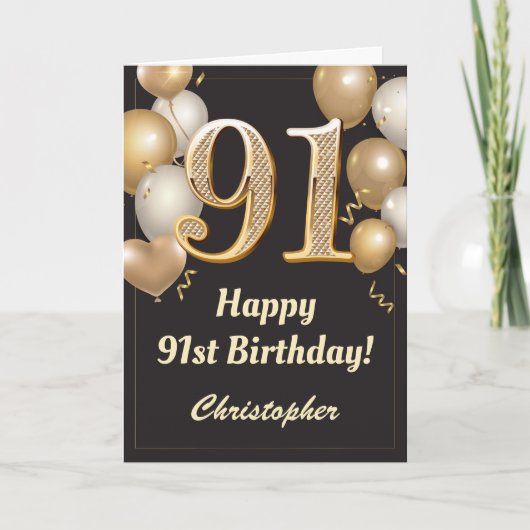 91e Birthday Black en Gold Balloons Confetti Kaart (Voorkant)