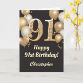 91e Birthday Black en Gold Balloons Confetti Kaart (Gele Bloem)