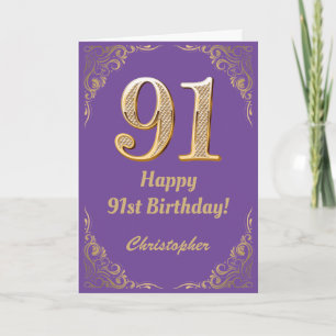 91e Birthday Paars en Gold Glitter Lijst Kaart