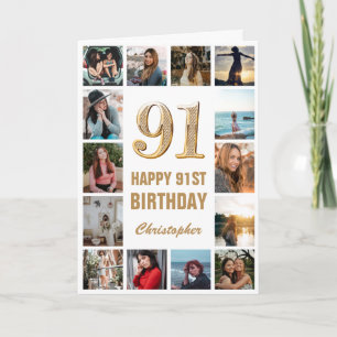 91e Happy Birthday Gold en White Photo Collage Kaart