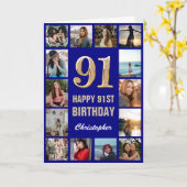 91e Happy Birthday Navy Blue & Gold Photo Collage Kaart (Gele Bloem)