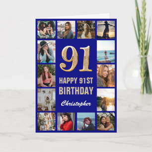 91e Happy Birthday Navy Blue & Gold Photo Collage Kaart