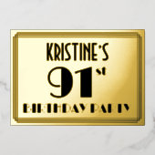 91e verjaardag — Art Deco look "91" + Naam Folie Uitnodiging (Voorkant)