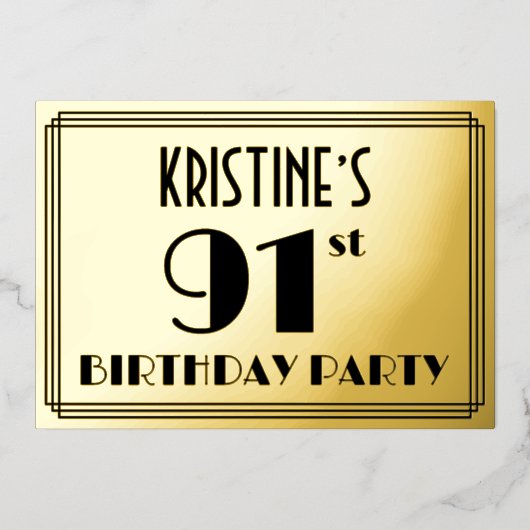 91e verjaardag — Art Deco look "91" + Naam Folie Uitnodiging (Voorkant)