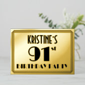 91e verjaardag — Art Deco look "91" + Naam Folie Uitnodiging (Staand Voorkant)