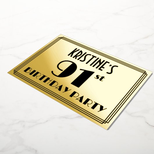 91e verjaardag — Art Deco look "91" + Naam Folie Uitnodiging (Gedraaid)