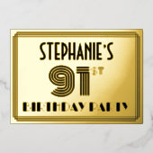 91e verjaardag — Art Deco Style "91" & naam Folie Uitnodiging (Voorkant)