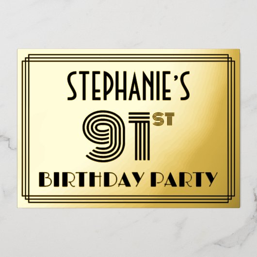 91e verjaardag — Art Deco Style "91" & naam Folie Uitnodiging (Voorkant)