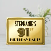 91e verjaardag — Art Deco Style "91" & naam Folie Uitnodiging (Staand Voorkant)
