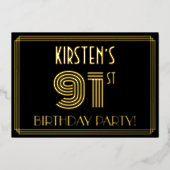 91e verjaardag — Art Deco Style "91" + Naam Folie Uitnodiging (Voorkant)