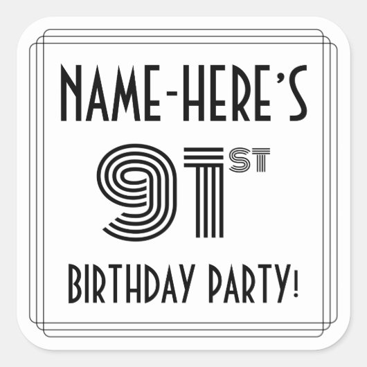 91e verjaardag: Art Deco Style + aangepaste naam Vierkante Sticker (Voorkant)