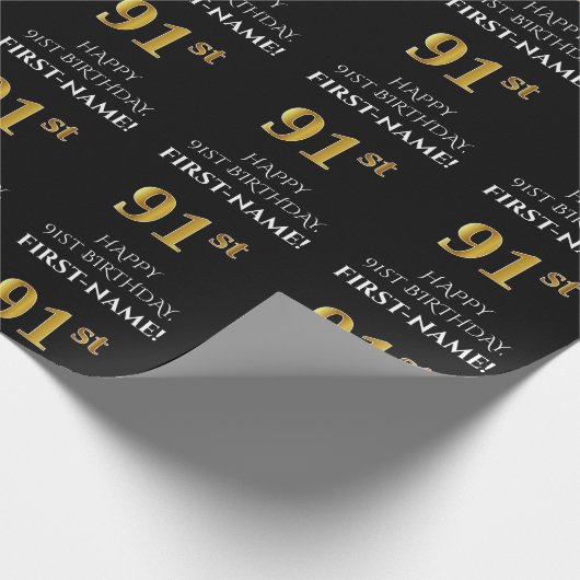 91e verjaardag: Elegant, zwart, Faux Gold look Cadeaupapier (Hoek)