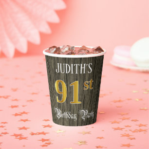 91e verjaardag — Faux Gold & Faux Wood Papieren Bekers