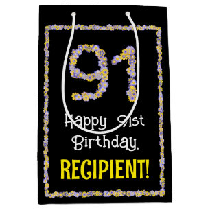 91e verjaardag: Floral Flowers Number, Custom Name Medium Cadeauzakje