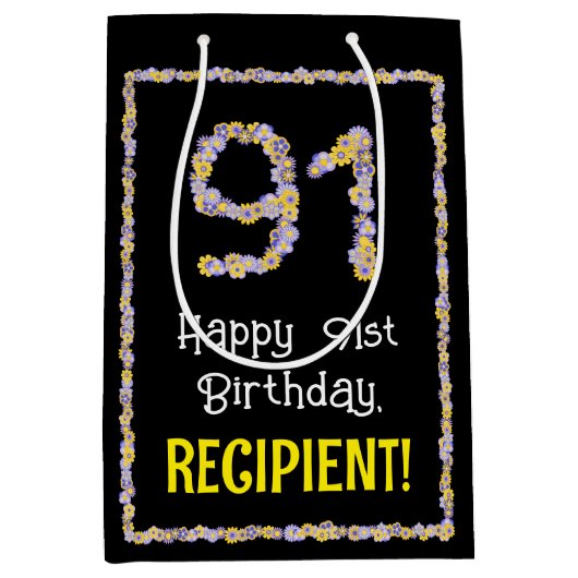 91e verjaardag: Floral Flowers Number, Custom Name Medium Cadeauzakje (Voorkant)