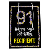 91e verjaardag: Floral Flowers Number, Custom Name Medium Cadeauzakje (Achterkant)