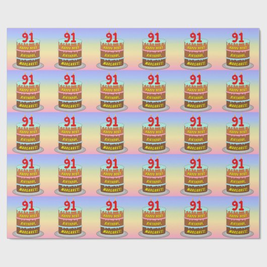 91e verjaardag: Fun Cake and Candles + Custom Name Cadeaupapier (Vlak)