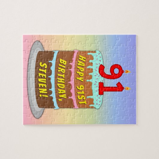91e verjaardag: Fun Cake and Candles + Custom Name Legpuzzel (Horizontaal)