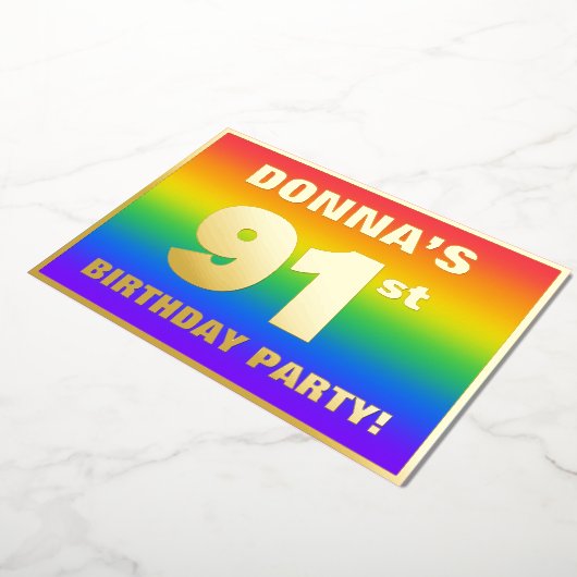 91e verjaardag: Fun, kleurrijk regenboogpatroon Folie Uitnodiging (Gedraaid)