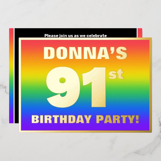 91e verjaardag: Fun, kleurrijk regenboogpatroon Folie Uitnodiging (Voorkant / Achterkant)
