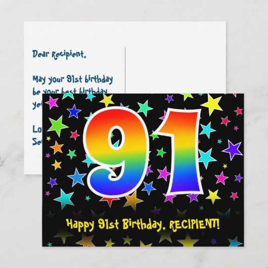 91e verjaardag: Fun Stars Pattern, Rainbow 91, naa Briefkaart (Voorkant / Achterkant)