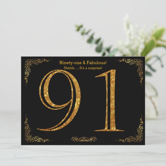 91e verjaardag,Gatsby styl,zwarte goudglitter Kaart (Staand voorkant)