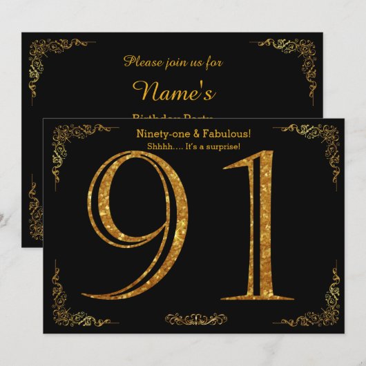 91e verjaardag,Gatsby styl,zwarte goudglitter Kaart (Voorkant / Achterkant)