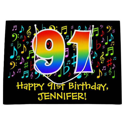 91e verjaardag - Kleurrijke muzieksymbolen, Rainbo Groot Cadeauzakje (Voorkant)