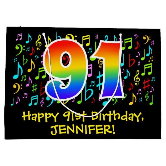 91e verjaardag - Kleurrijke muzieksymbolen, Rainbo Groot Cadeauzakje (Achterkant)