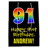 91e verjaardag: Leuk, Vet, Kleurrijk, Regenboog "9 Medium Cadeauzakje (Achterkant)