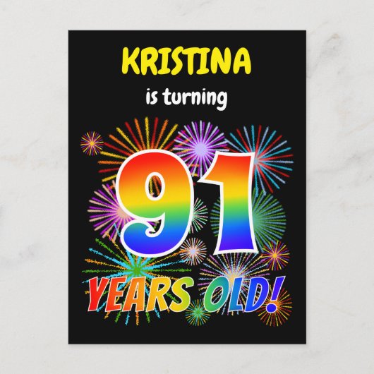 91e verjaardag - Leuk vuurwerk, regenbooglook "91" Briefkaart (Voorkant)