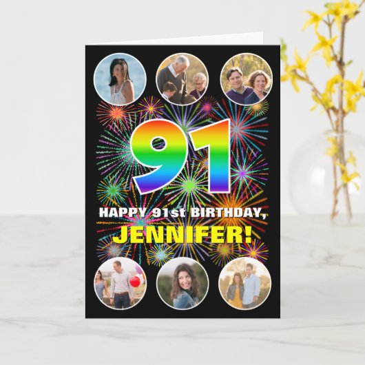 91e verjaardag: Leuke regenboog #, aangepaste naam Kaart (Gele Bloem)