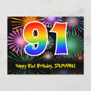 91e Verjaardag – Leuke Vuurwerk Patroon + Regenboo Briefkaart