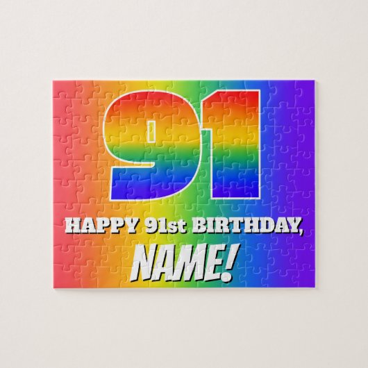 91e verjaardag — Meerkleurig regenboogpatroon "91" Legpuzzel (Horizontaal)