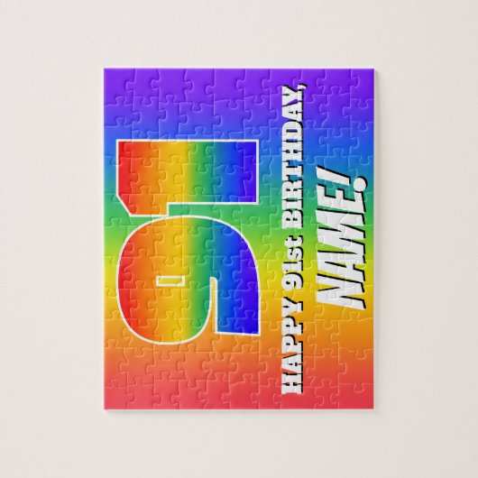 91e verjaardag — Meerkleurig regenboogpatroon "91" Legpuzzel (Verticaal)