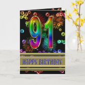 91e verjaardag met regenboogbubbels en vuurwerk kaart (Gele Bloem)
