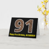 91e verjaardag: naam + faux hout grain patroon "91 kaart (Gele Bloem)