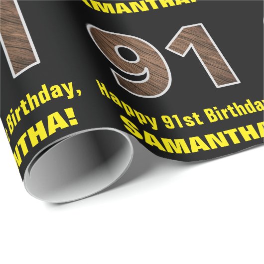 91e verjaardag: Naam & Faux Wood Grain Patroon "91 Cadeaupapier (Rol Hoek)