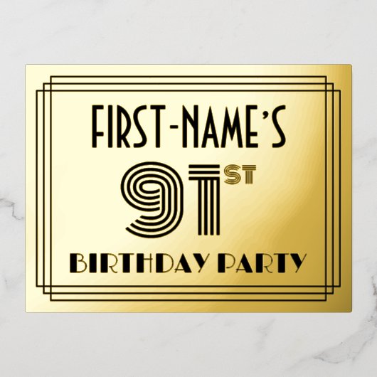 91e verjaardag partij ~ Art Deco Style "91" + naam Folie Uitnodiging Briefkaart (Voorkant)