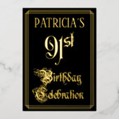 91e verjaardag Partij — Fancy Manuscript & de Naam Folie Uitnodiging (Voorkant)