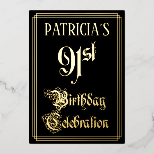 91e verjaardag Partij — Fancy Manuscript & de Naam Folie Uitnodiging (Voorkant)