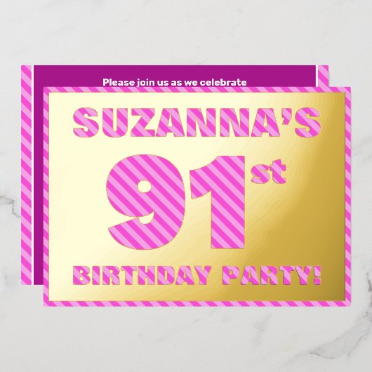 91e verjaardag Partij - Vet, vuurtje, roze band # Folie Uitnodiging (Voorkant / Achterkant)