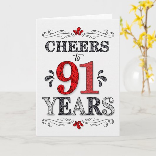 91e verjaardag Proost in rood wit zwart patroon Kaart (Gele Bloem)