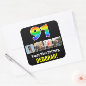 91e verjaardag: Regenboog "91"; Aangepaste foto's  Vierkante Sticker (Envelop)
