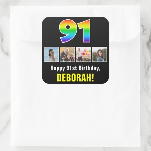 91e verjaardag: Regenboog "91"; Aangepaste foto's  Vierkante Sticker (Tas)