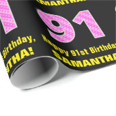 91e verjaardag: Roze strips en harten "91" + Naam Cadeaupapier (Rol Hoek)