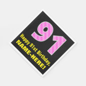 91e verjaardag: Roze strips en harten "91" + Naam Servet (Hoek)