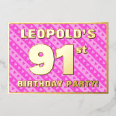 91e verjaardag van de vuurroze harten en strips folie uitnodiging (Voorkant)