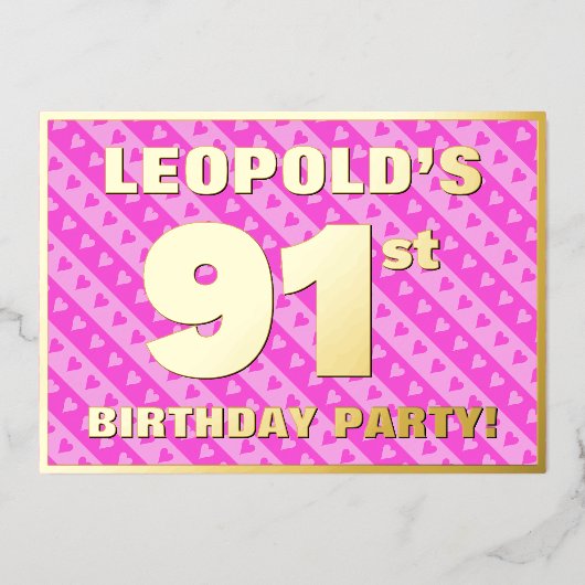 91e verjaardag van de vuurroze harten en strips folie uitnodiging (Voorkant)